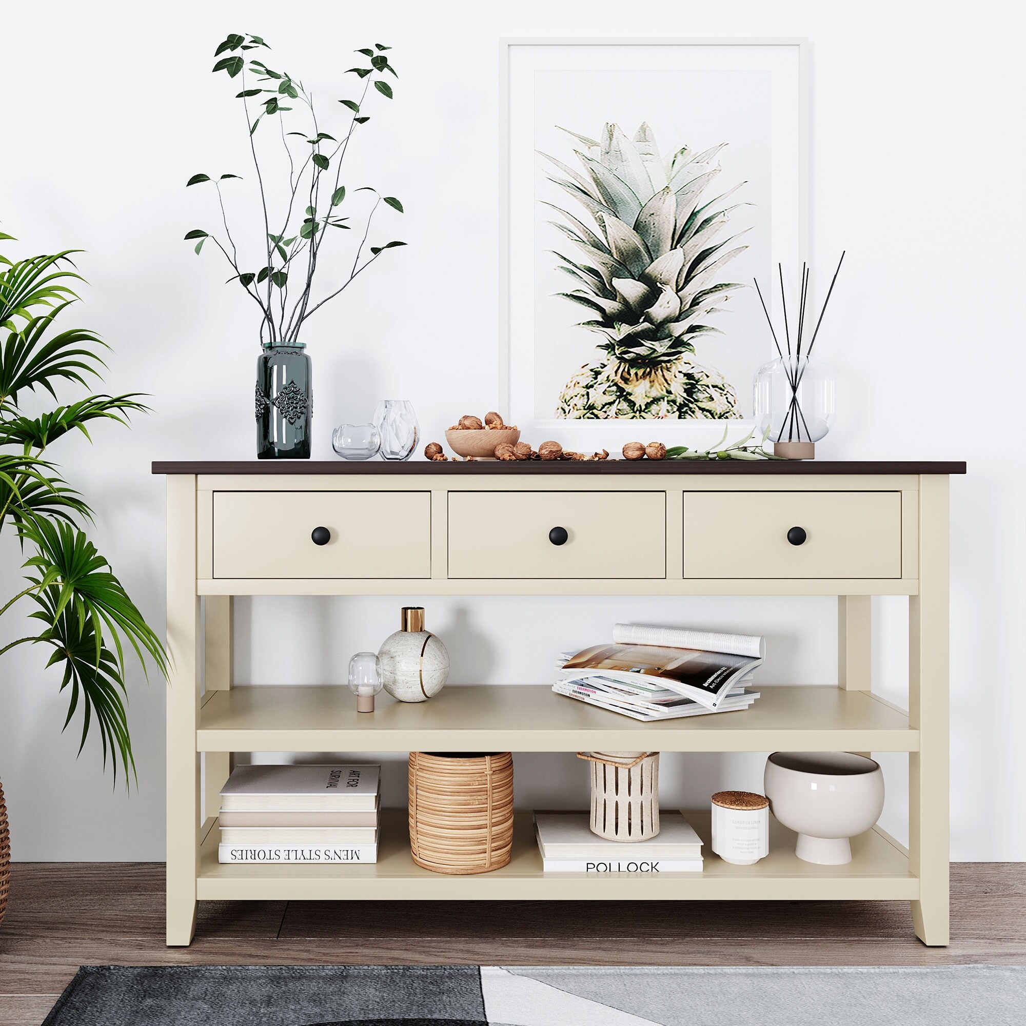 Open shelf console table deals