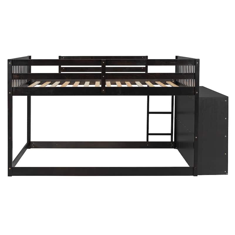 Wood Floor Bunk Beds with 4 Drawers and 3 Shelves, Convertible Side Cabinets and Ladders, Solid Wood Bunkbed Frame for Bedroom