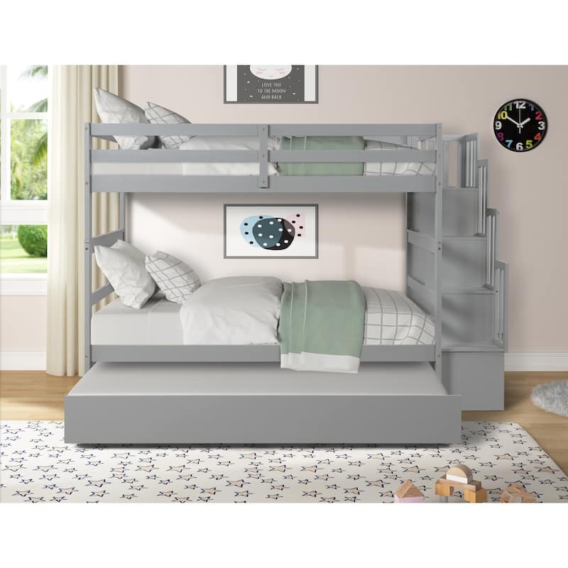 Twin over Twin Bunk Beds With Twin Trundle and Stairway Storage Function