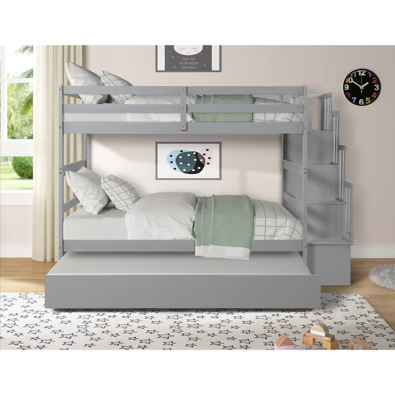 Twin over Twin Bunk Beds with Twin Trundle and Stairway Storage Function
