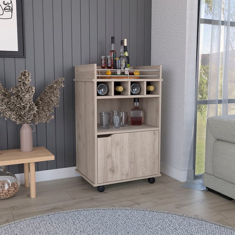 Phoenix Bar cart with 2 Open Shelves 4 Cubbies and Cabinet