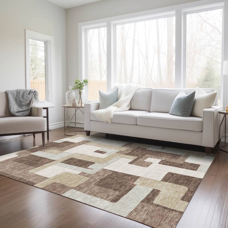 Machine Washable Indoor/ Outdoor Contempoary Blocks Chantille Rug