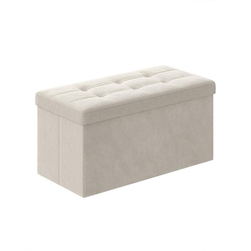 Velvet Padded Storage Ottoman Bench with Foldable Design and Hidden Compartment for Living Room or Bedroom - 15 x 30 x 15 Inches - Cream White