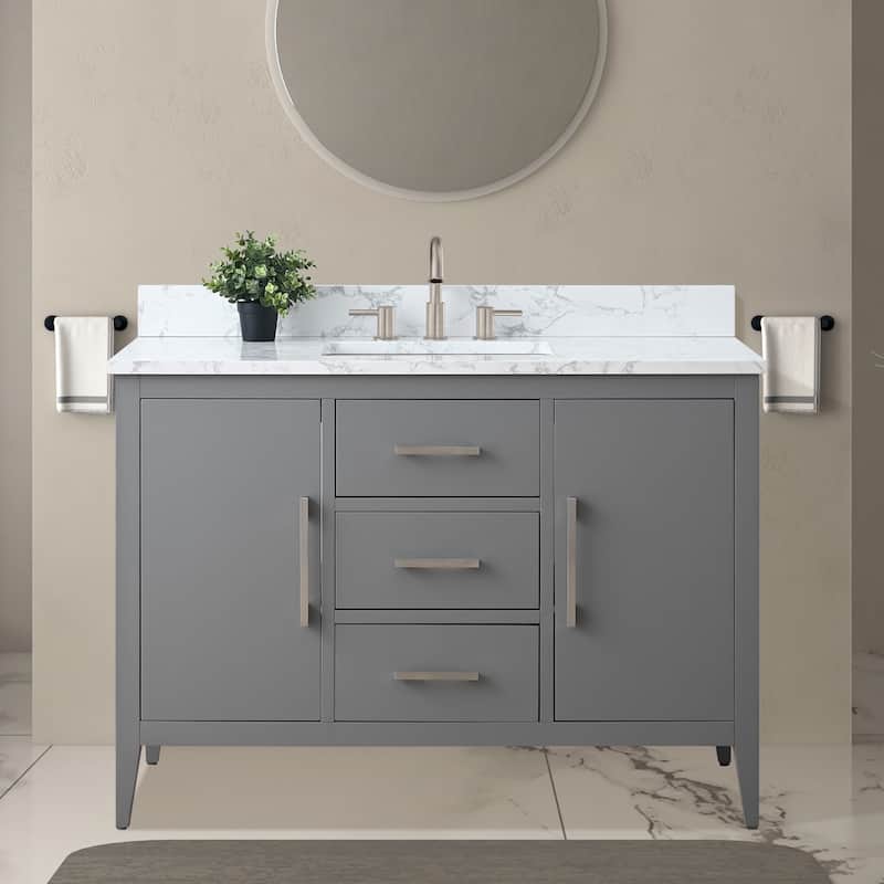 Vanity Art 48" Single Sink Bathroom Vanity Cabinet with Engineered Marble Countertop - 48"/Brushed Nickel Handle - Cashmere Gray