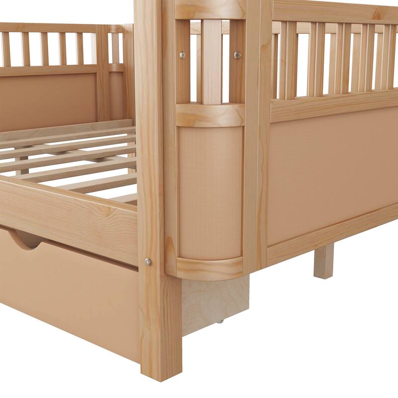 Wooden Kids Bed with 2 Storage Drawers, Guardrails and Removable Side Rail, Rounded Corners Frame Montessori Bed, Toddler Bed