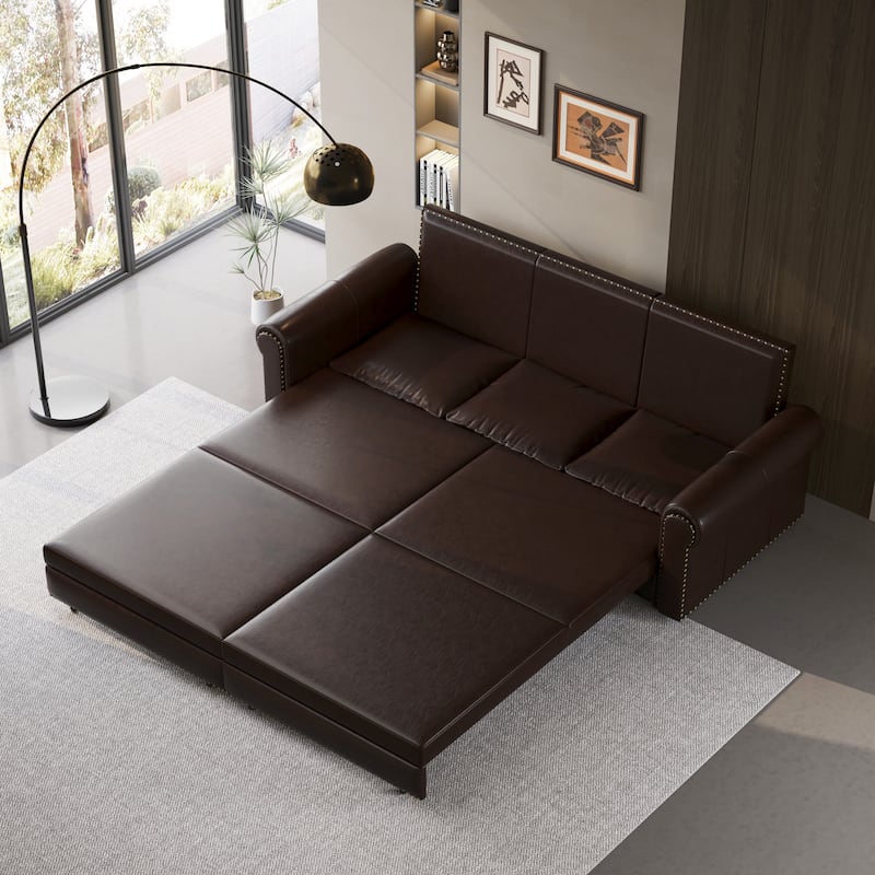 Homy Casa Faux Leather Pull-Out Sofa Bed, 2-in-1 Convert Sleeper Couch