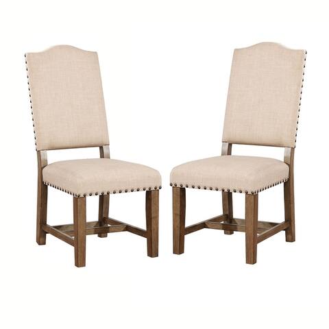 Fabric Upholstered Solid Wood Side Chair, Pack of Two, Beige and Brown