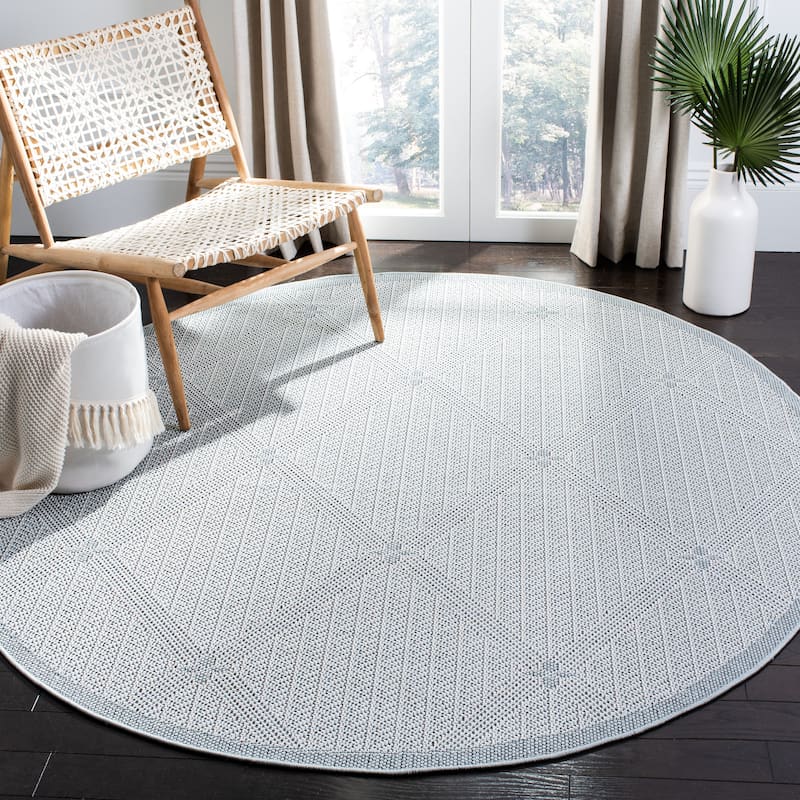 SAFAVIEH Bermuda Washable Rosenda Indoor/ Outdoor Waterproof Rug - 6'7" Round - Light Blue/Ivory