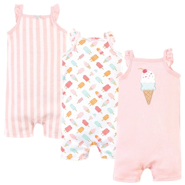 slide 1 of 1, Hudson Baby Infant Girl Cotton Rompers 3pk, Ice Cream 0 - 3 Months - Pink