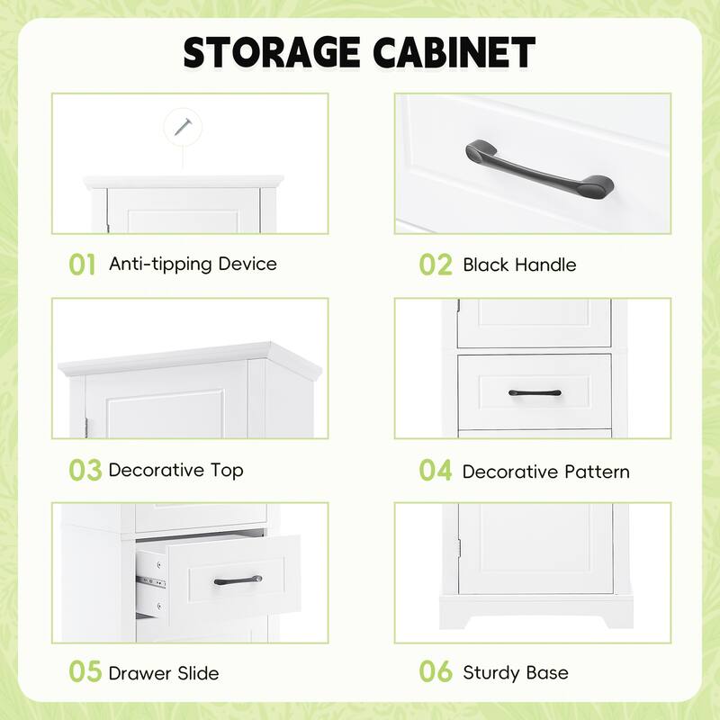 Tall Freestanding Storage Cabinet Bathroom Floor Cabinet with Door Shelves, Adjustable Shelves, Drawer and Anti-toppling Design