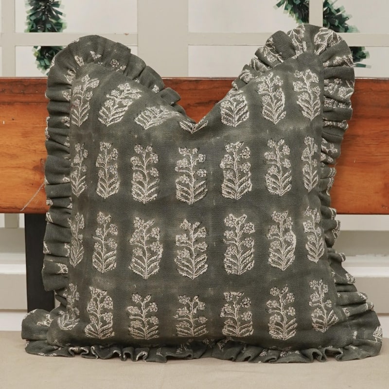 Fabdivine Heavy Linen Floral Ruffled Both Side Cushion Cover Home Décor Accent