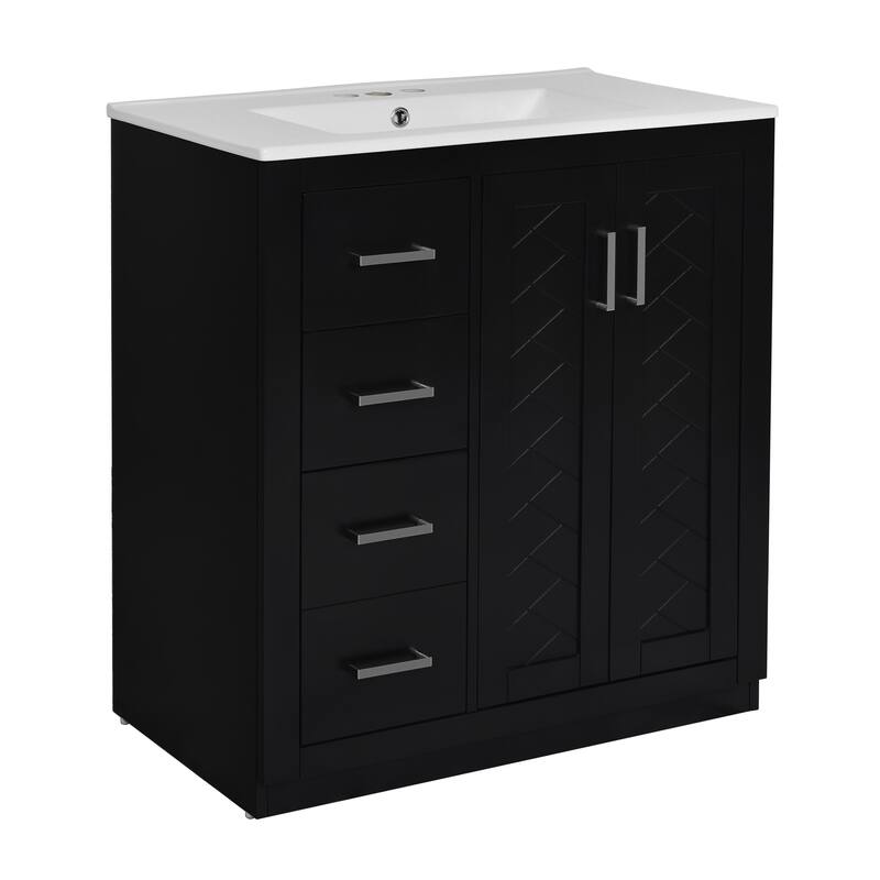 30" Bathroom Vanity with Ceramic Sink - Solid Wood Frame, 3 Drawers & 2 Soft-Close Doors - Modern Freestanding Storage Cabinet