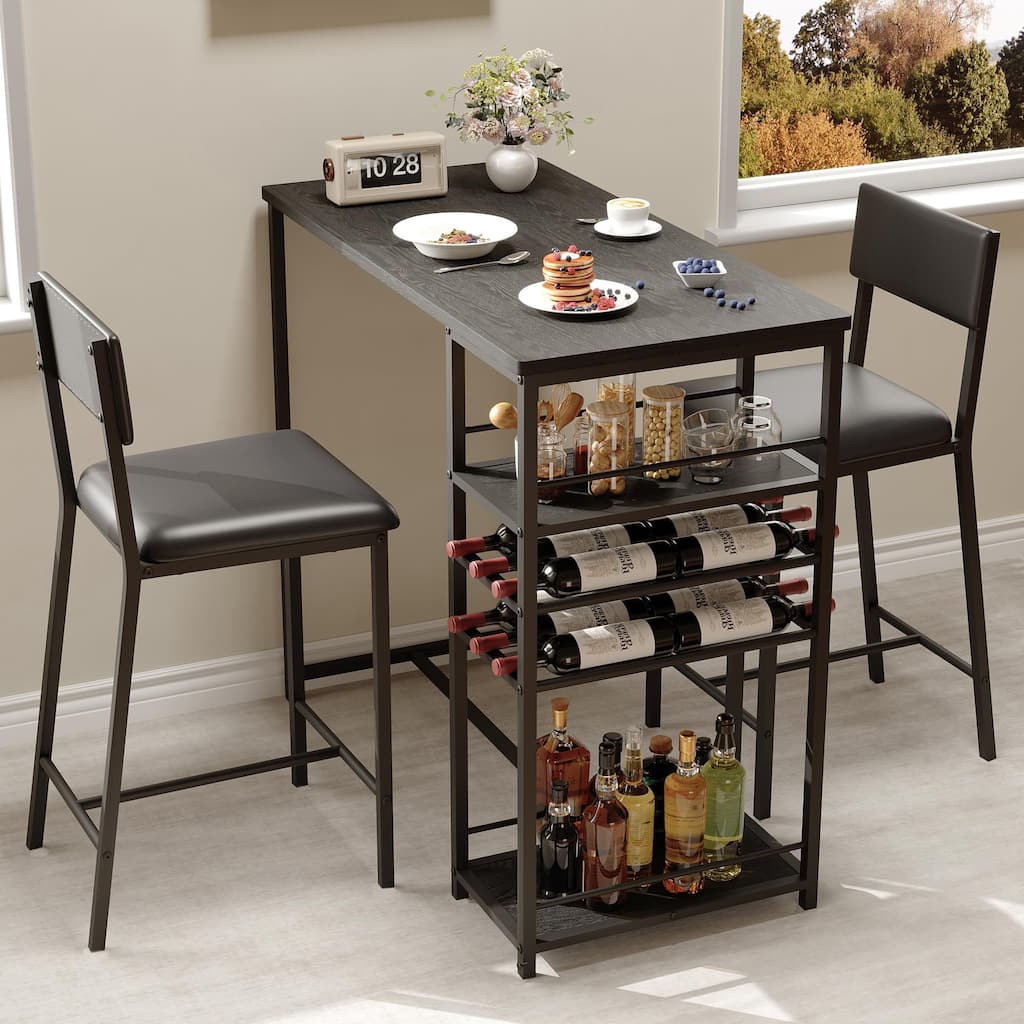 Dining Room Table with 2 Upholstered Chairs, Bistro Table and Chairs Set of 2 with Storage Shelves