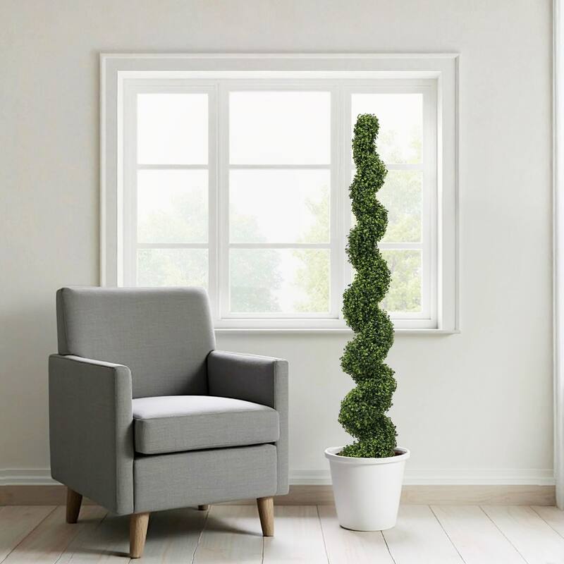 6FT Artificial Spiral Topiary Trees - Outdoor Faux Boxwood Plants with Large Twisted Green Potted Design for Garden