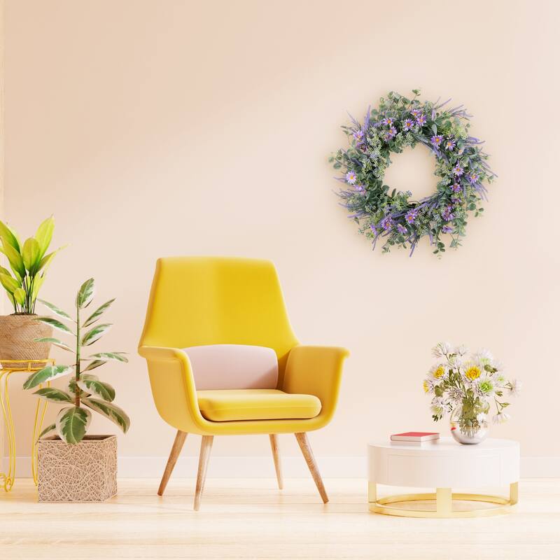 Daisy Lavender and Eucalyptus Artificial Floral Spring Wreath - 24" - Green and Purple