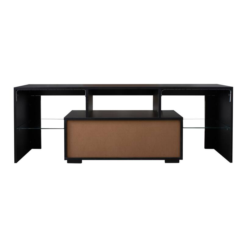 Roomfitters Entertainment TV Stand, Modern High Gloss Media Console with LED Light and Storage Shelves
