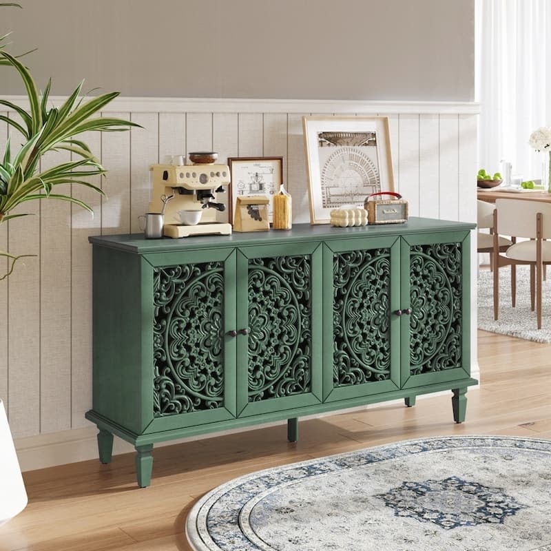 Carved Flower Door Large Storage Cabinet With Metal Handle