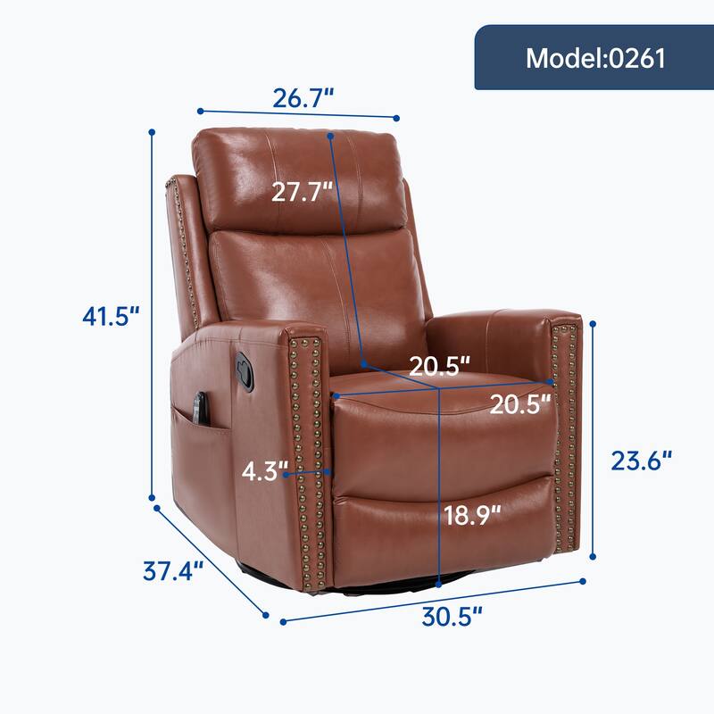 Genuine Leather Manual Recliner Chair with Heat Massage, Ergonomic Single Lounge Sofa, Swivel Recliner Chair with Rocker