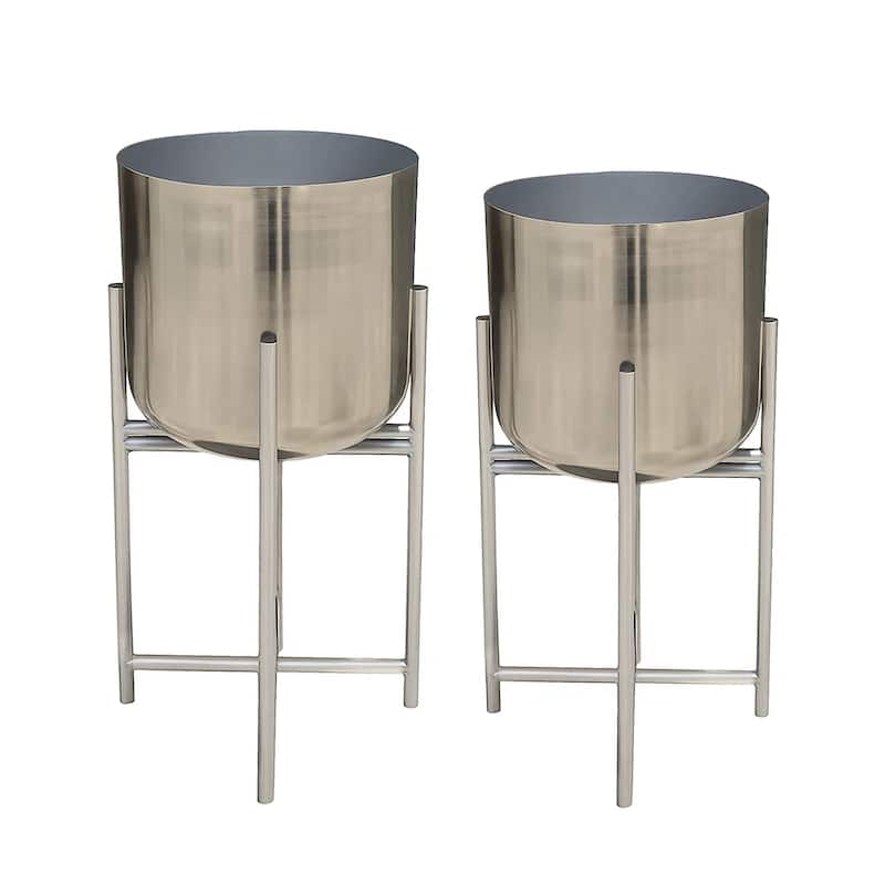 Aira Set of 2 Planters Foldable Metal Stand - Nickel - L: 11L x 11W x 22H, S: 10L x 10W x 19H in inches