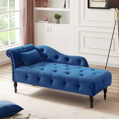 60.6" Velvet Chaise Lounge Buttons Tufted Nailhead Trimmed Solid Wood Legs with 1 Pillow,Blue (Left Arm Design)