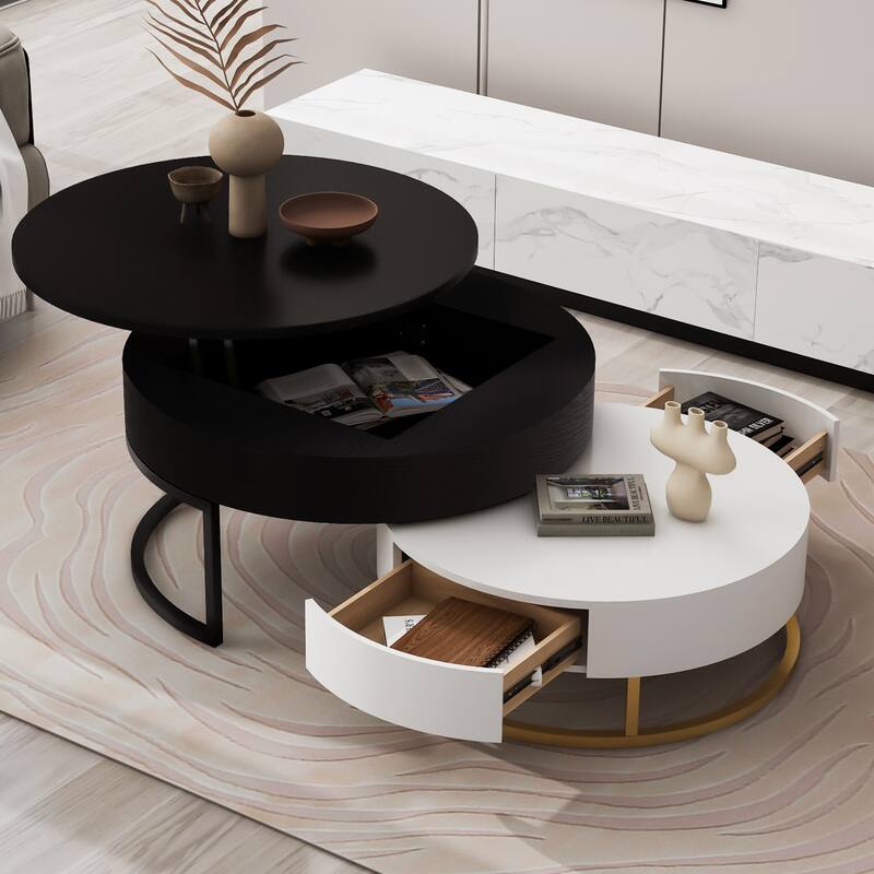Wooden Lift-Top Nesting Coffee Table Set, Modern Round Center Table with 2 Storage Drawers & Metal Base for Living Room