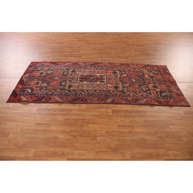 Hand Knotted Oriental 100% Wool Carpet Traditional Geometric Navy Blue & Blues Hamedan Runner Rug - 8' 9'' X 3' 8''
