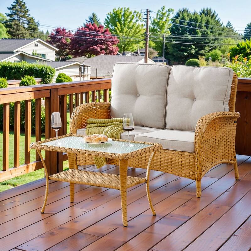 Pocassy Outdoor Loveseat Sofa with Table Funiture Set - Yellow Wicker Beige Cushion - Loveseat Sofa with Table
