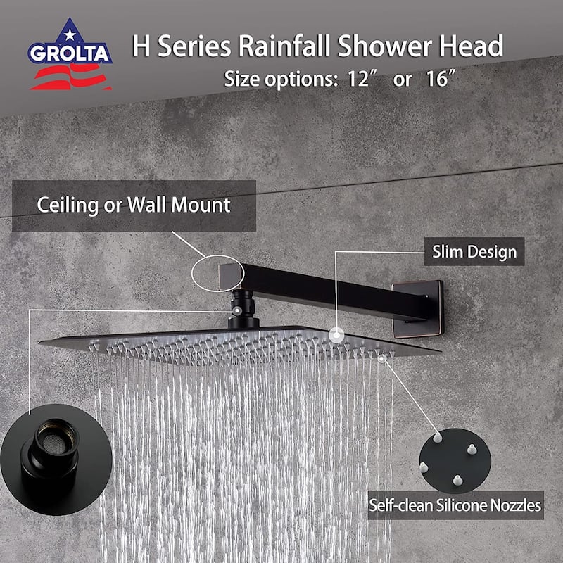 Dual Heads 16" Rainfall & High Pressure 6" Shower System w/ 3 Way Thermostatic Faucet - ORB Bronze - Oil Rubbed Bronze