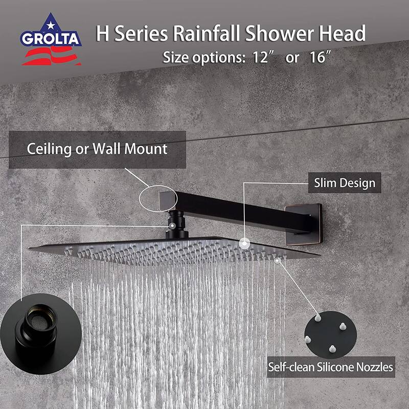 Matte Black 16" Rainfall Shower X3 Thermostatic Faucet System w/ Slide Bar, 6 Jets - Matte Black