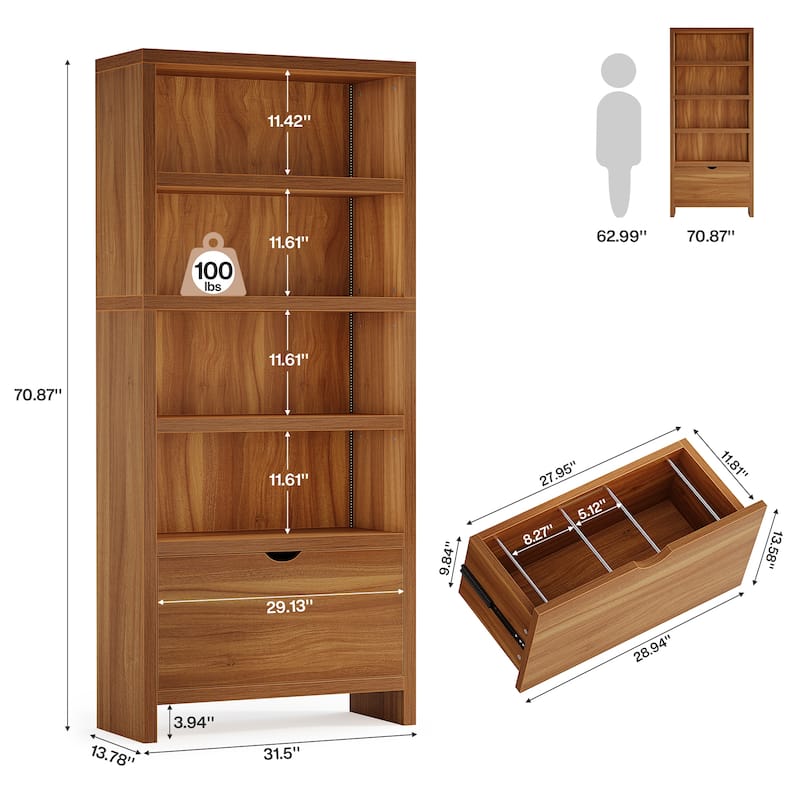 70.9" Tall Bookcase with File Drawer, 5-Tier Bookshelf with LED Lights