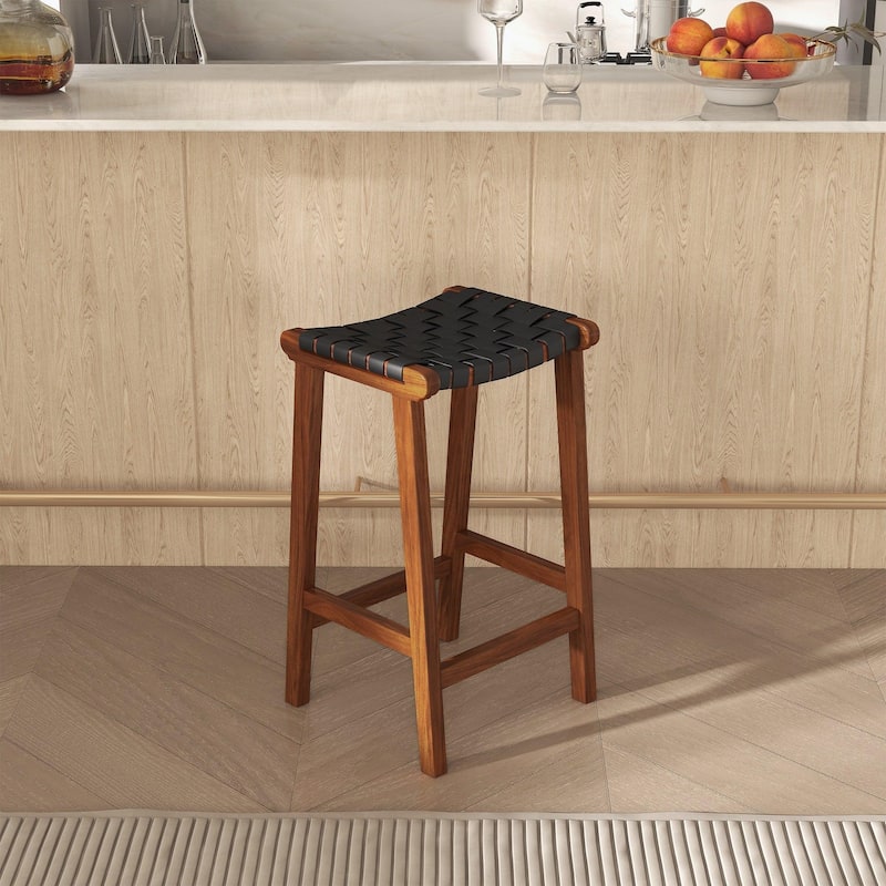 GDFStudio - James Mid-Century Modern 24.5"H Counter Stool with Solid Wood Frame & Genuine Leather Upholstery