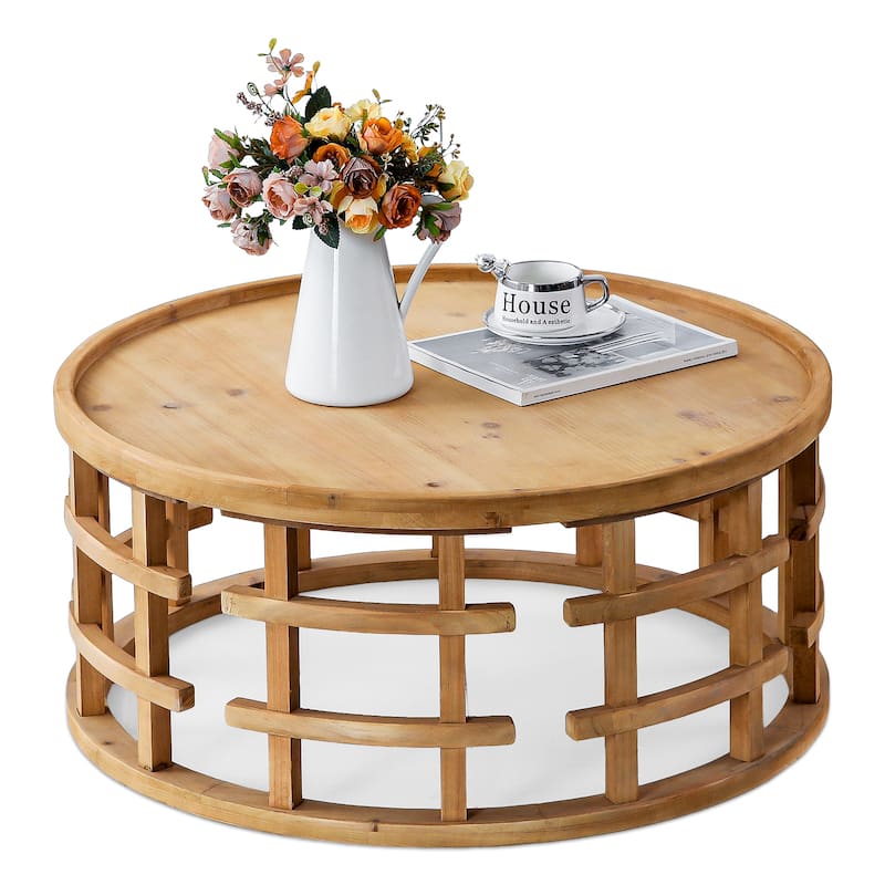 Boho Round Coffee Table Rustic Accent Table with Open-Frame Base, Solid Wood Farmhouse Low Profile Cocktail Table