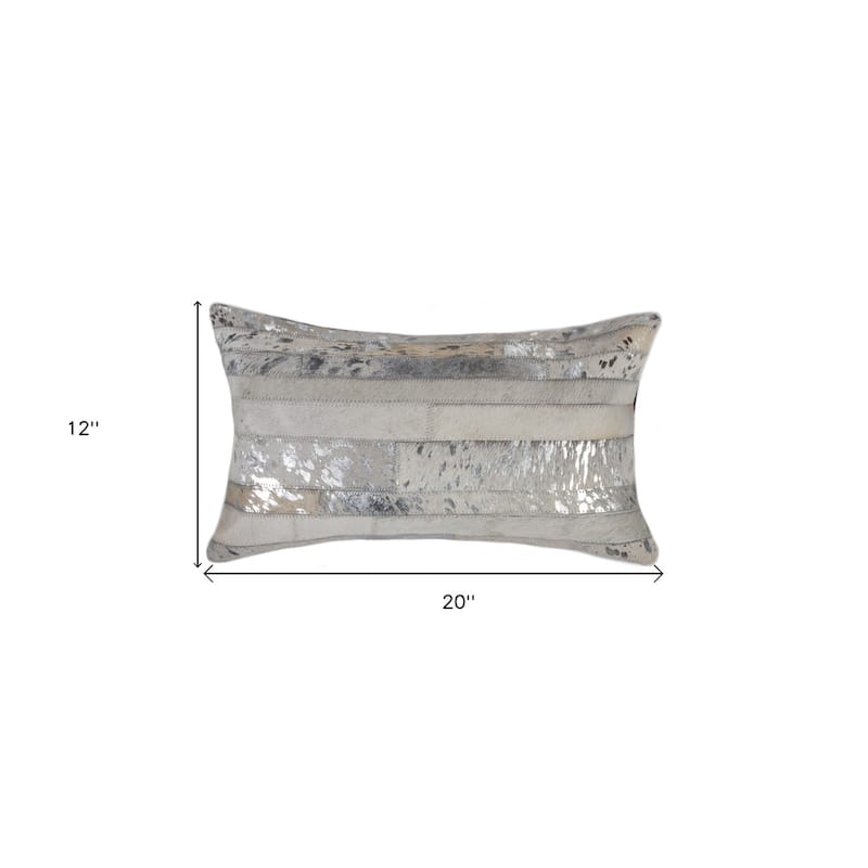 HomeRoots 12" X 20" Gray and Silver Striped Cowhide Lumbar Throw Pillow