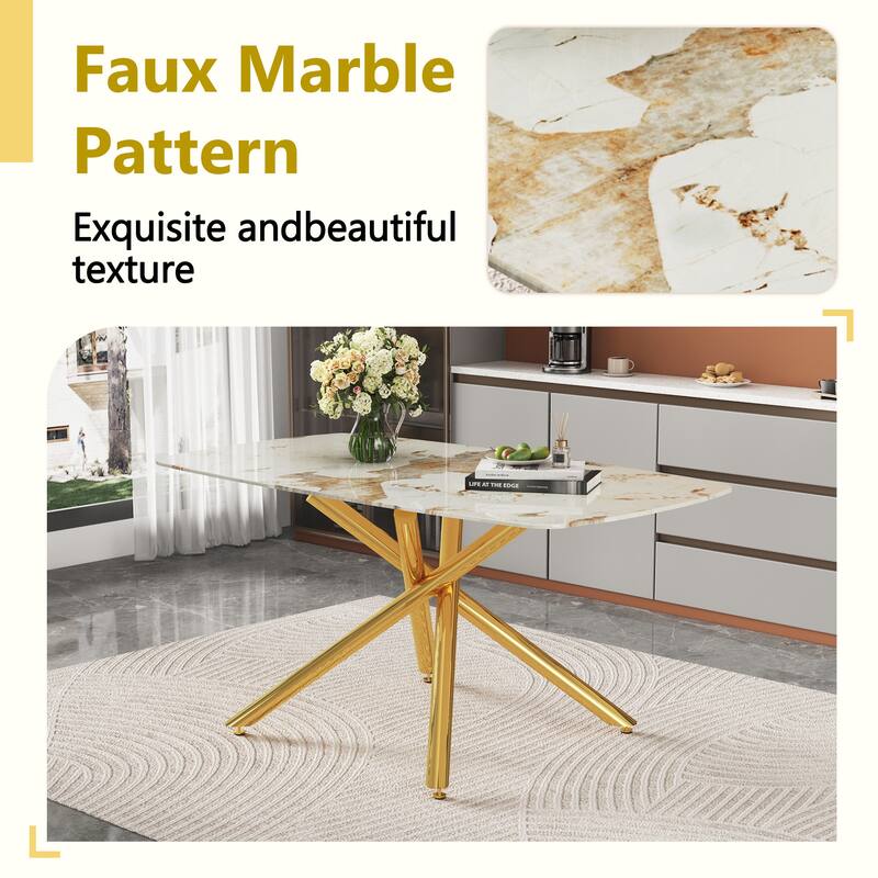 Modern Dining Table Set for 4-6, 63" Marble-Patterned Tempered Glass Table with Plastic Chairs, Compact Modern Kitchen Table Set