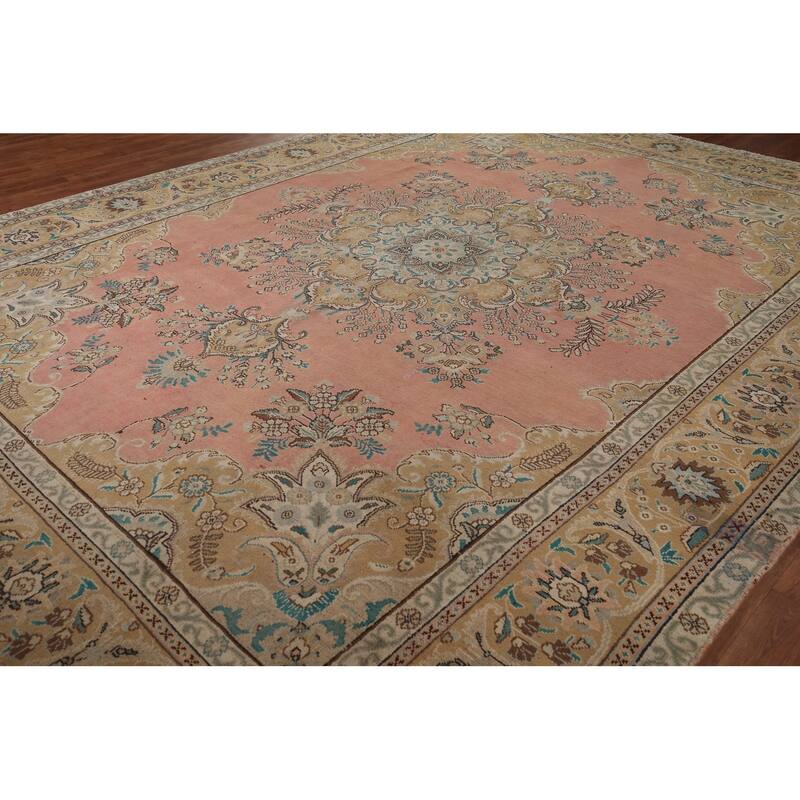 Pink Tabriz Vintage Persian Area Rug Handmade Wool Carpet - 9'9" x 13'0"