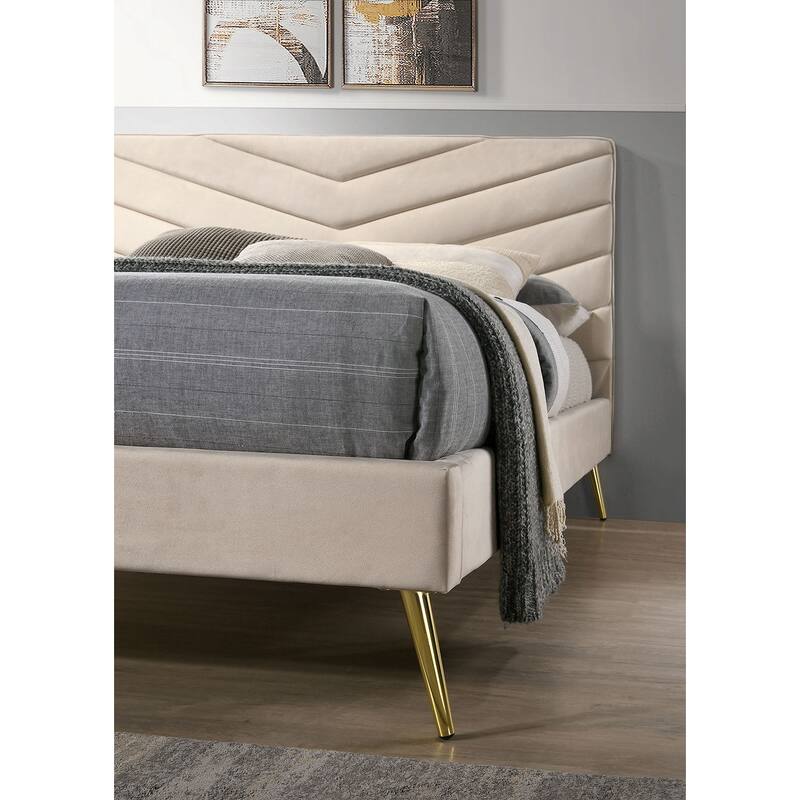 Mid Century Modern Beige Finish Platform Bed 1PC Fully Upholstered