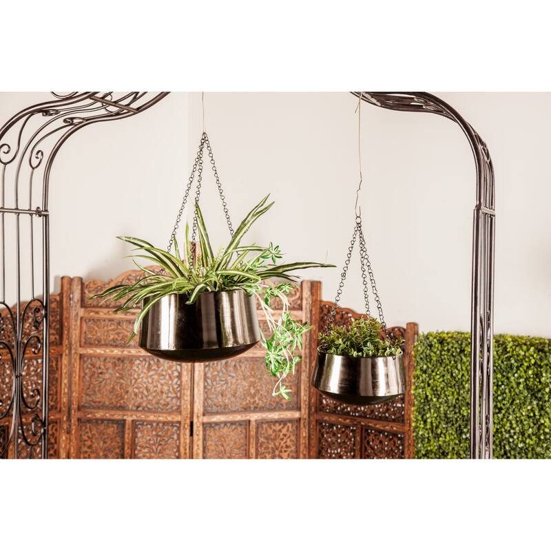 Black, Gold or Silver Metal Indoor Outdoor Hanging Dome Wall Planter with Chain (Set of 2)