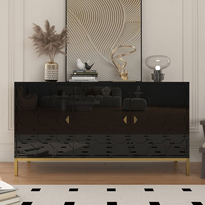 Clihome 3 Door Glossy Media Storage Sideboard Accent Cabinet - Black