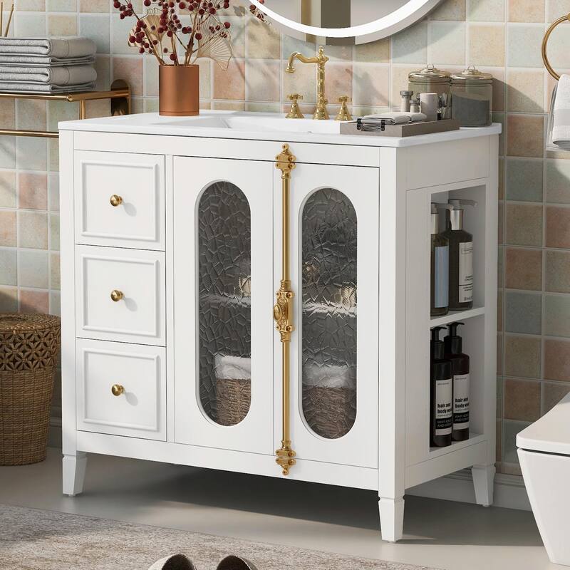 36-inch Bathroom Vanity with 2 Soft Close Doors, Solid Wood Frame Bathroom Storage Cabinet with 3 Drawers