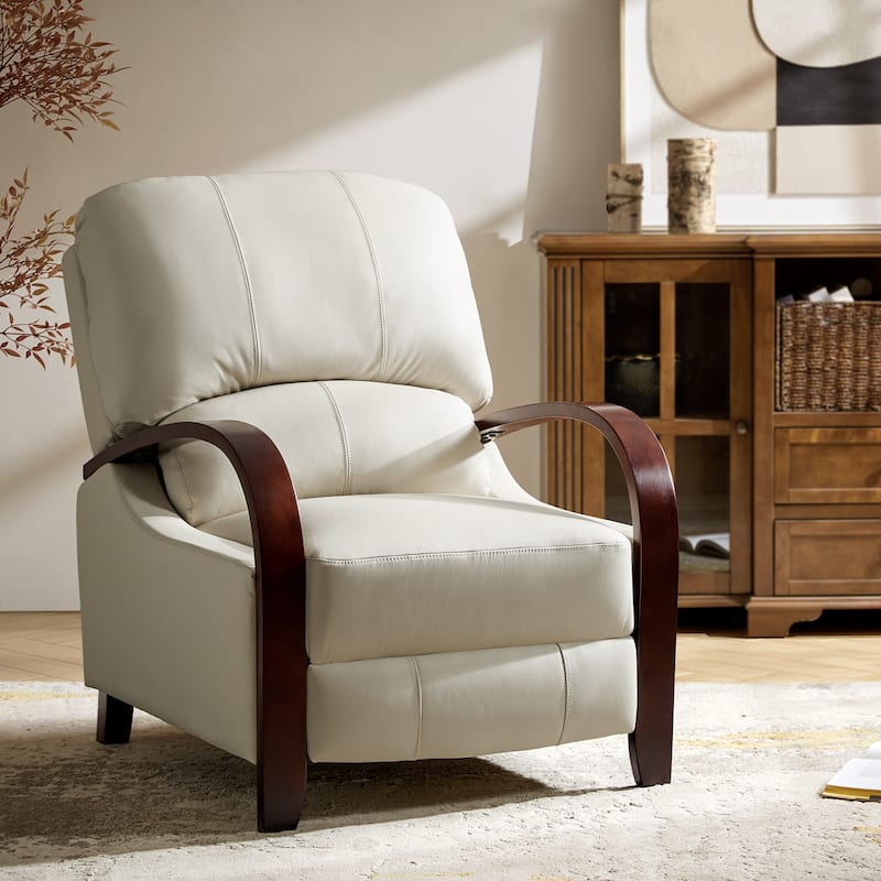 Alex Mid-century Modern Genuine Leather Manual Recliner with Wooden Curved Arms