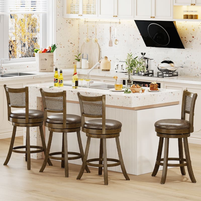 Gymax Set of 4 Bar Stools 25'' Swivel Bar Chairs w/ PE Rattan Backrest
