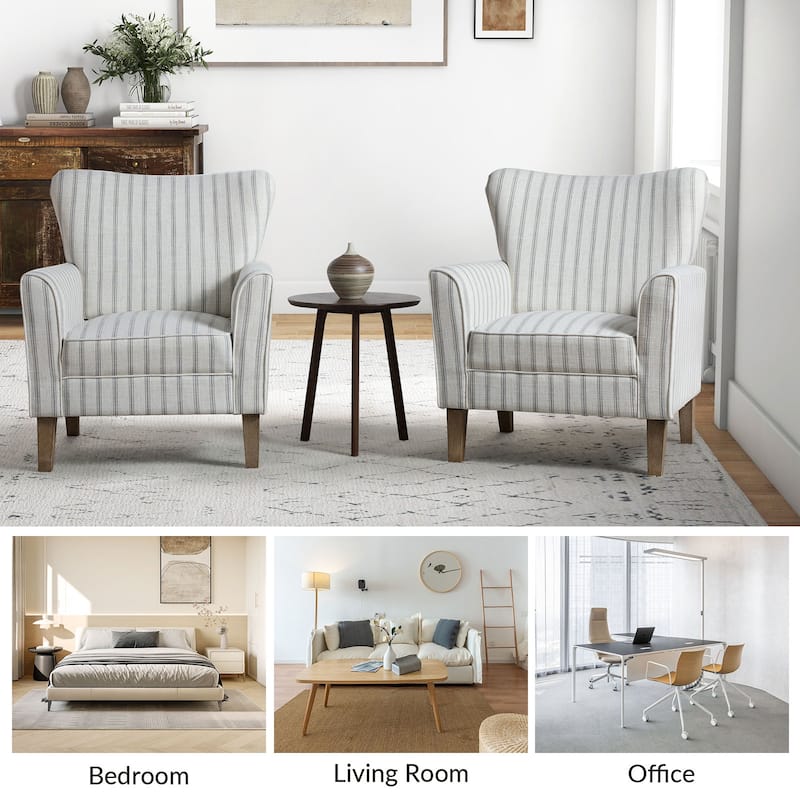 Warren Farmhouse Striped Wingback Chair with Solid Wood Legs Set of 2 by HULALA HOME