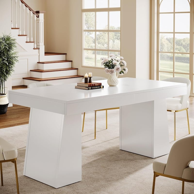 55 Inches Dining Table for 4-6, Rectangular Dining Room Table with Sturdy Legs - White