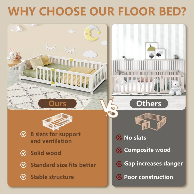 Toddler Floor Bed, Montessori Floor Bed with Rails and Lockable Door