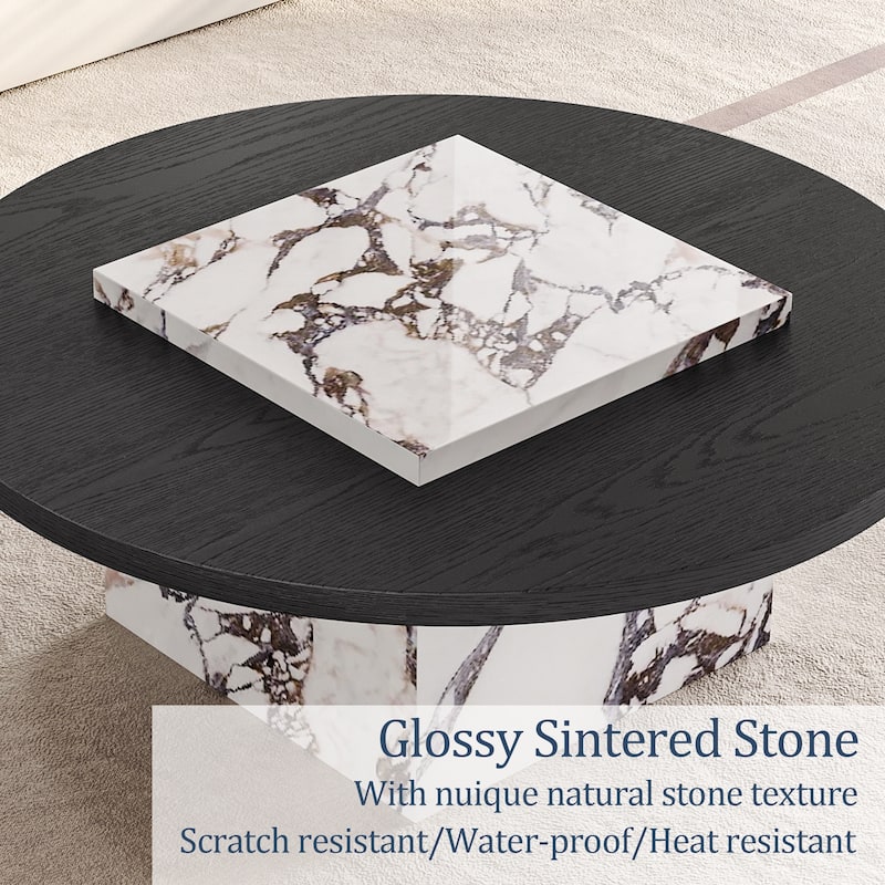 35.43" Round Solid Wood Coffee Table, with Glossy Square Faux Mable Table top