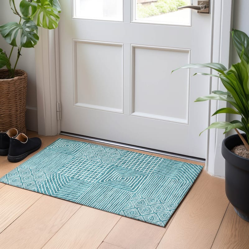 Machine Washable Indoor/ Outdoor Modern Mosaic Chantille Rug - Teal - 1'8" x 2'6"