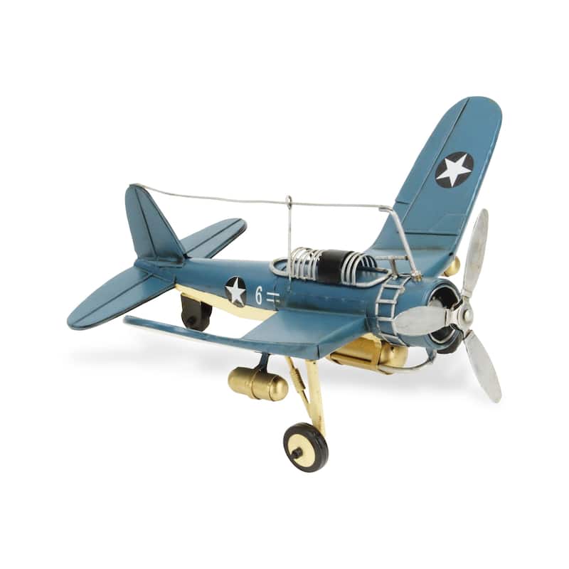 HomeRoots 6" Yellow and Green Metal Hand Painted 1942's F-4 Corsair Model Airplane - 14.5' X '6' X '12