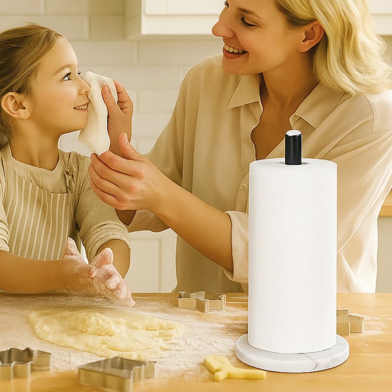 Creative Home White Marble Upright Paper Towel Holder with Black Metal Pole