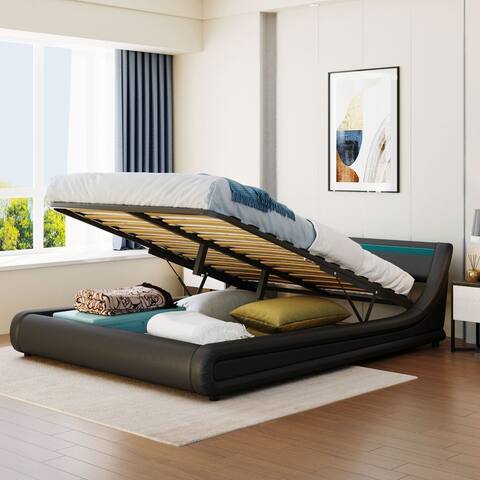 Upholstered Faux Leather Platform Bed with a Hydraulic Storage System with LED Light