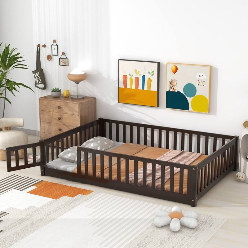 Full Size Floor Bed with Fence and Door,Rubber Wood Floor Bed with Safety Guardrails